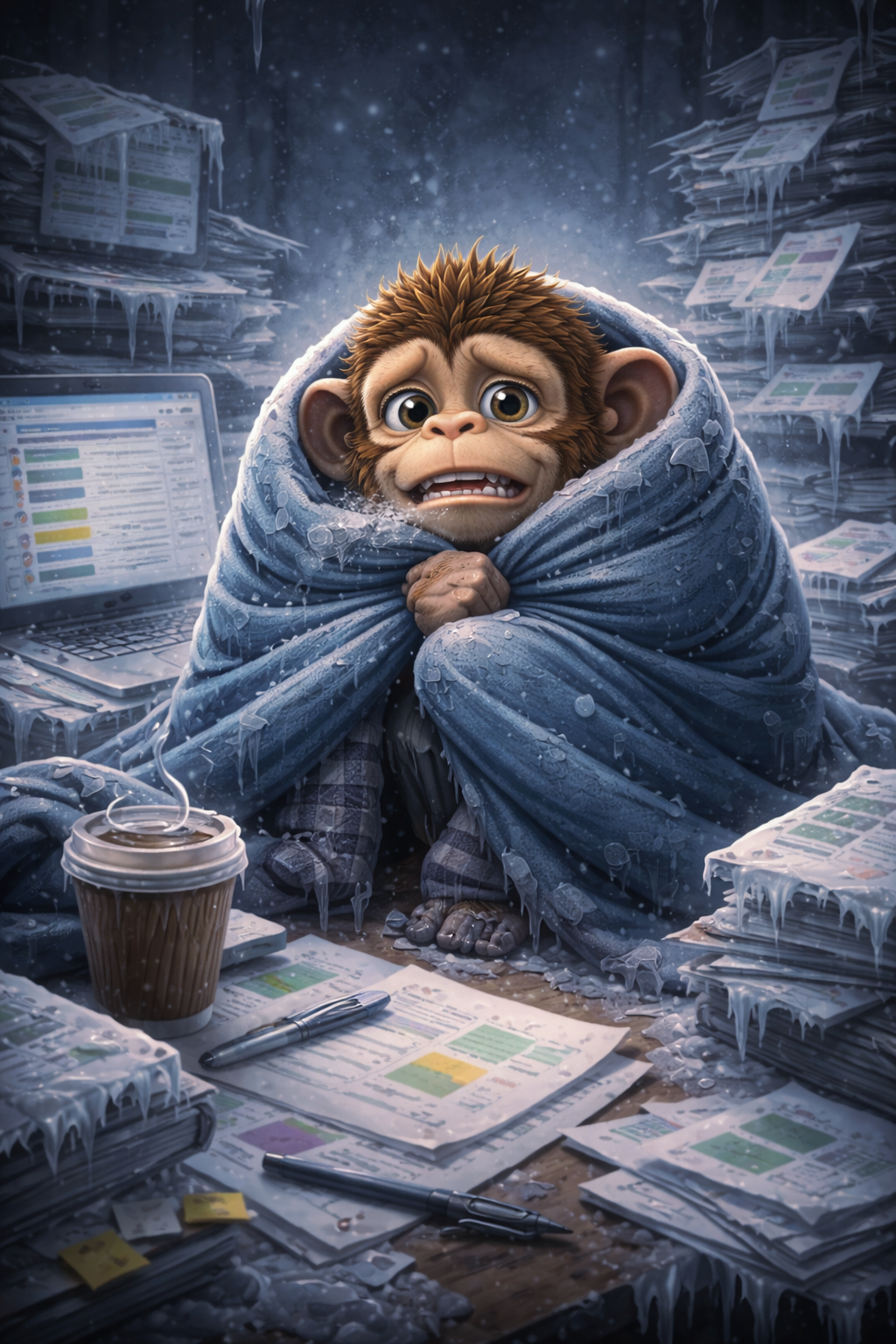 Monki gelé dans un bureau figé — métaphore de l'organisation dans l'inertie