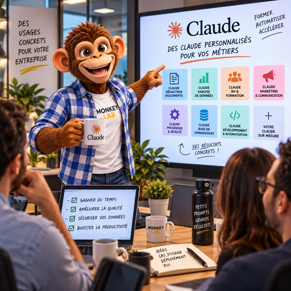 Rémi, la mascotte Monkey Lab, présente en formation les usages métiers de Claude : rédaction, analyse de données, RH, marketing, processus, base de connaissances