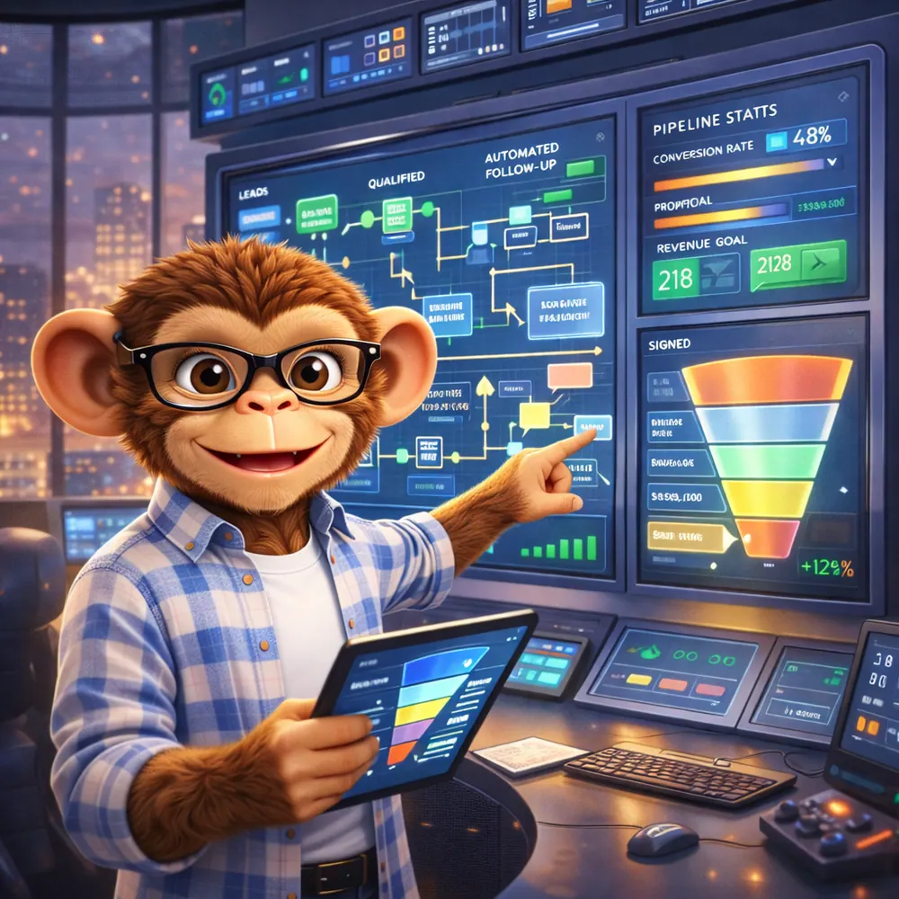 Monkey Lab devant un tableau de bord de suivi des leads, des devis et de la facturation